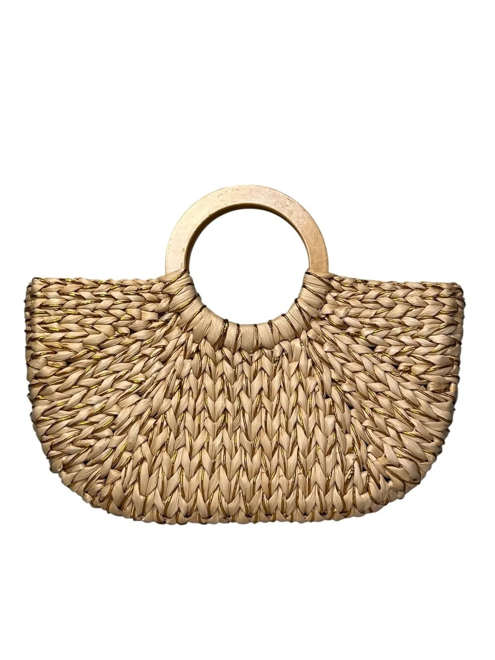 New York & Company Half-Moon Woven Straw & Gold Metallic Circle Handle Tote Bag